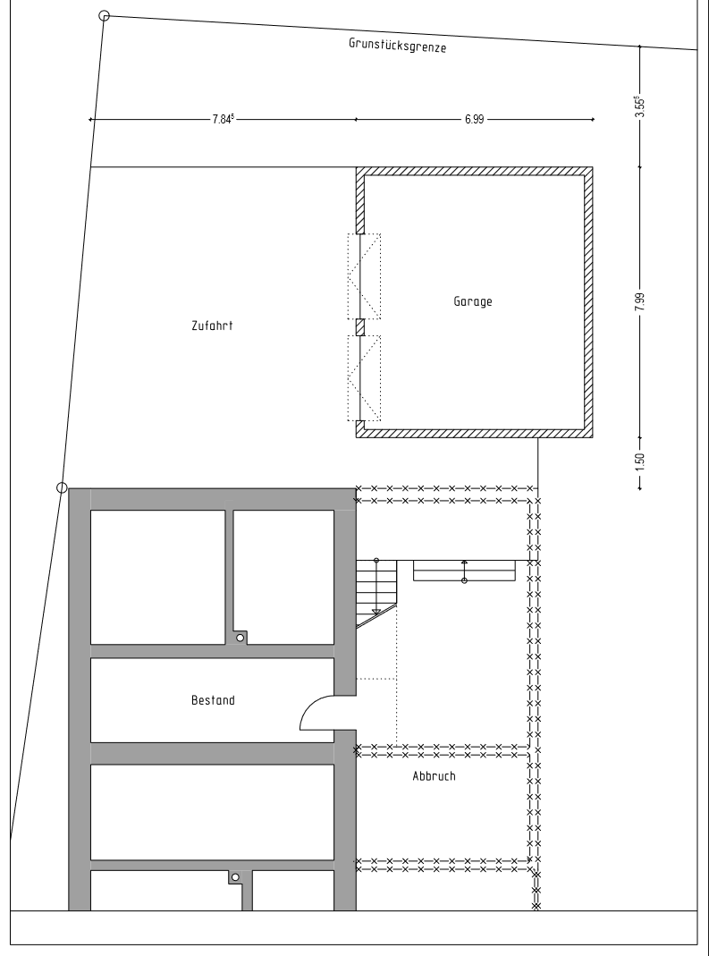 Entwurfsplanung für den Abriss des Anbaus und Neubau Garage/Werkstatt/Lager